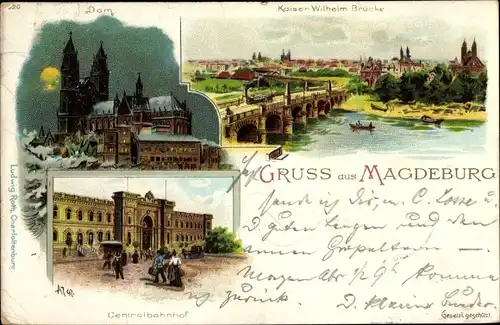 Mondschein Litho Magdeburg, Kaiser Wilhelm Brücke, Zentralbahnhof, Dom