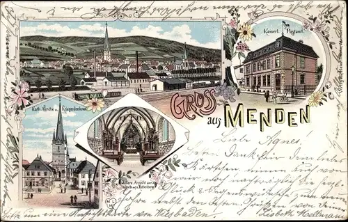 Litho Menden im Sauerland, Katholische Kirche, Postamt, Kriegerdenkmal, Kapelle