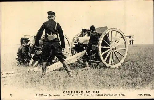 Ak Campagne de 1914, Artillerie francaise, Pièce de 75mm attendant l'ordre, 1. WK