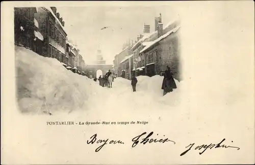 Ak Pontarlier Doubs, La Grande Rue eu temps de Neige