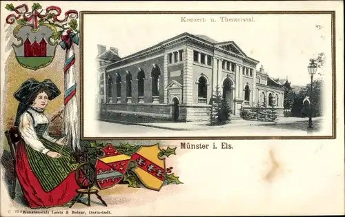 Wappen Litho Munster Münster Elsass Haut Rhin, Konzert- und Theatersaal, Elsässerin, Spinnrad