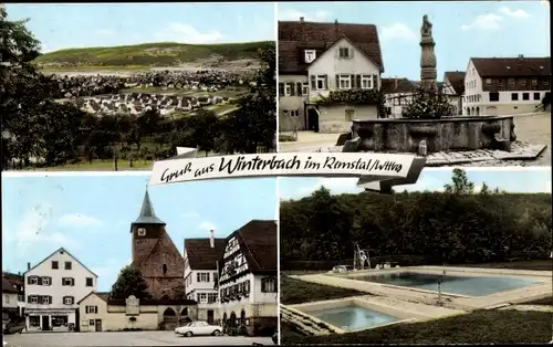 Ak Winterbach im Remstal Württemberg, Totale, Brunnen, Schwimmbad, Marktplatz