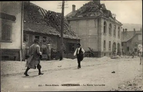 Ak Bitschwiller lès Thann Bitschweiler Elsass Haut Rhin, La Mairie bombardée, bombardiertes Rathaus