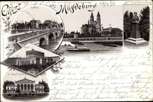 Litho Magdeburg, Zollbrücke, Theater, Friesen Denkmal, Dom, Herrenkrug