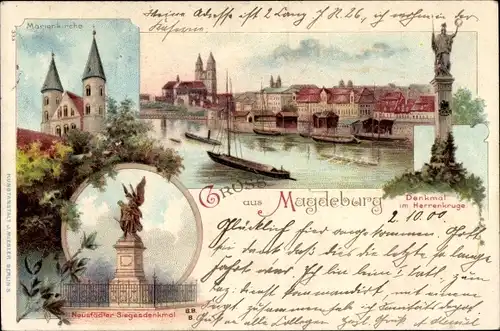 Litho Magdeburg, Marienkirche, Denkmal im Herrenkruge, Neustädter Siegesdenkmal