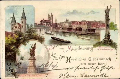 Litho Magdeburg, Marienkirche, Denkmal im Herrenkruge, Neustädter Siegesdenkmal