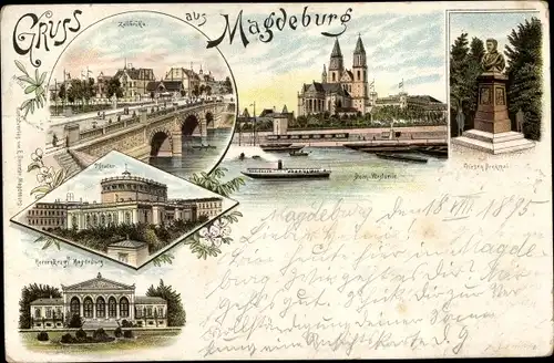 Vorläufer Litho Magdeburg an der Elbe, Dom, Friesendenkmal, Zollbrücke, Theater, Herrenkrug