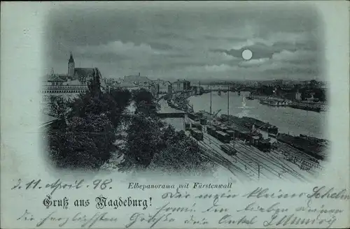 Mondschein Ak Magdeburg, Elbpanorama mit Fürstenwall