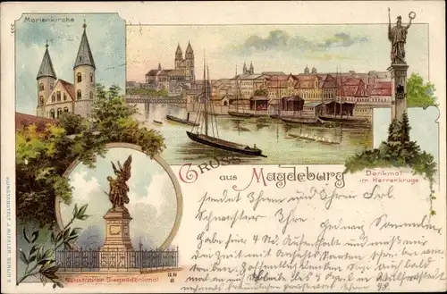 Litho Magdeburg, Marienkirche, Denkmal im Herrenkruge, Neustädter Siegesdenkmal