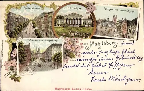 Litho Magdeburg, Kaiserstraße, Herrenkrug, Rathaus, Johanniskirche, Wilhelmstraße, Ulrichskirche