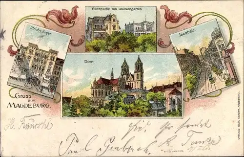 Litho Magdeburg, Dom, Ulrichsbogen, Villen am Louisengarten, Jacobstraße