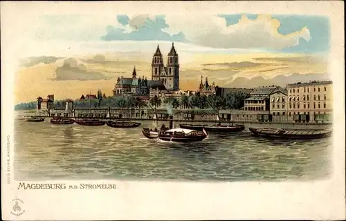 Litho Magdeburg, Stromelbe, Dom, Lastkähne