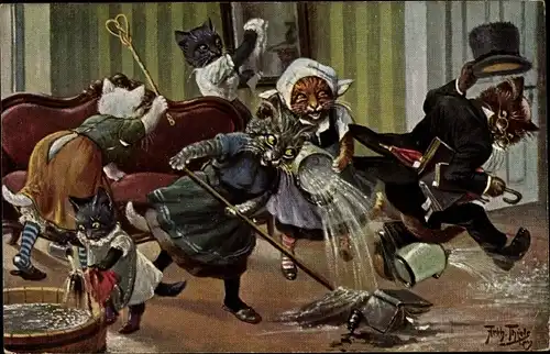 Künstler Ak Thiele, Arthur, Vermenschlichte Katzen beim Hausputz