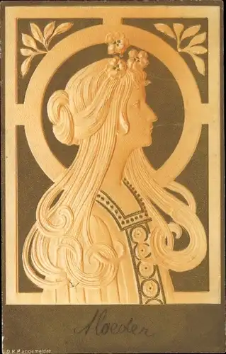 Jugendstil Präge Litho Portrait einer Frau mit Blumen im Haar