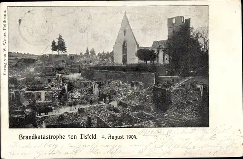 Ak Ilsfeld in Württemberg, Brandkatastrophe 4. August 1904, Kirche, Hausruinen