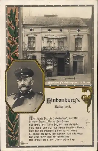 Passepartout Ak Poznań Posen, Generalfeldmarschall Paul von Hindenburg, Geburtshaus