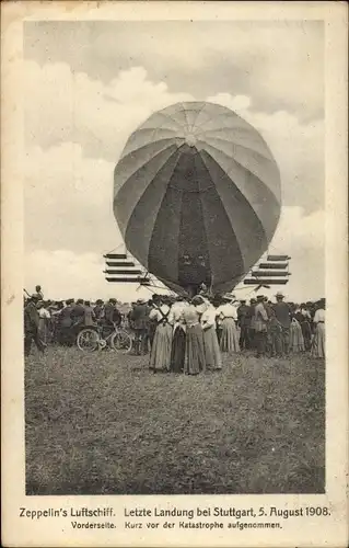 Ak Stuttgart in Baden Württemberg, Zeppelin's Luftschiff Modell 4 1908, letzte Landung
