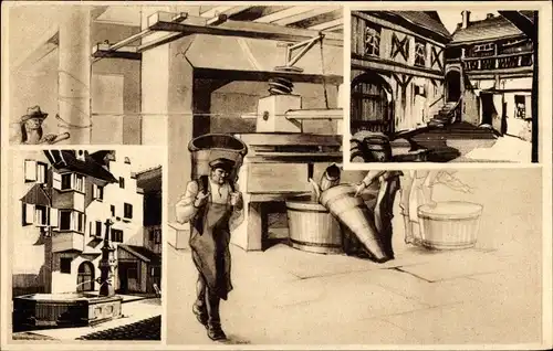 Ak Elsass Bas Rhin, Männer im Weinkeller, Weinpresse, Ortsansicht