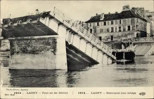 Ak Lagny Oise, Pont en fer détruit, zertsörte Eisenbrücke, Kriegszerstörung I. WK