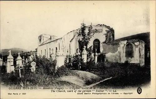 Ak Mandray Lothringen Vosges, L'Eglise auvre de la "Kultur" allemande, Guerre 1914-15