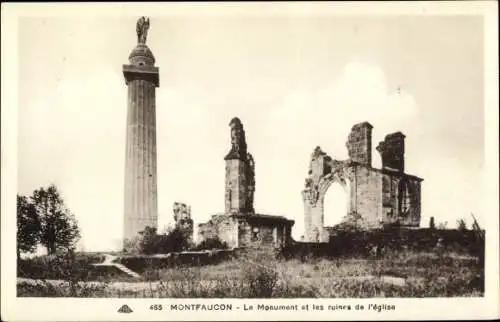 Ak Montfaucon Aisne, Le Monument et les ruines de l'église