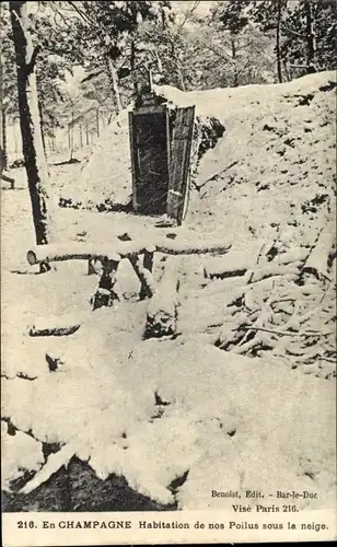 Ak Bar le Duc Meuse, En Champagne, Habitation de nos Poilus sous la neige, französ. Unterstand