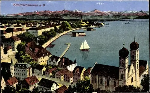 Ak Friedrichshafen am Bodensee in Oberbayern, Blick auf die Stadtkirche, Boote