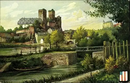 Künstler Ak Rothgeb, G., Runkel an der Lahn Hessen, Blick auf die Burg, Flusspartie