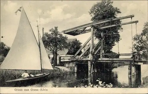 Ak Groß Köris im Kreis Dahme Spreewald, Hubbrücke, Segelboot