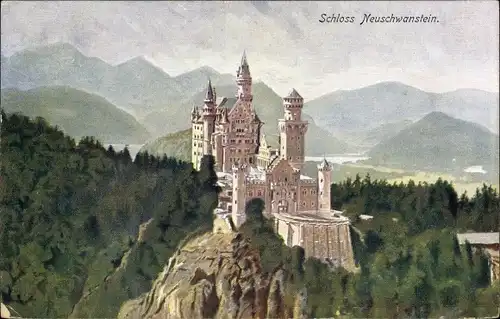 Ak Hohenschwangau Schwangau im Ostallgäu, Schloss Neuschwanstein, Wanderer Serie 8/2