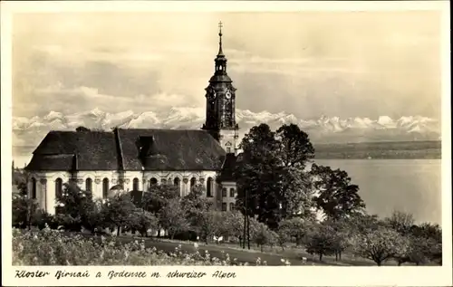 Ak Birnau Uhldingen Mühlhofen am Bodensee, Kloster mit Schweizer Alpen