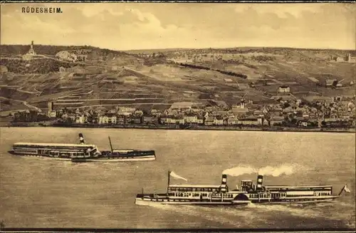 Ak Rüdesheim am Rhein, Totale vom Wasser gesehen, Salondampfer