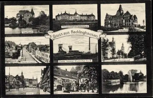 Ak Recklinghausen im Ruhrgebiet, Stadtpark, Knappschaftskrankenhaus, Hernerstraße, Herzogswall