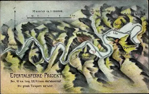 Landkarten Ak Edertal in Nordhessen, Edertalsperre Projekt