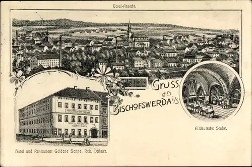 Litho Bischofswerda, Hotel und Restaurant Goldene Sonne, Panorama, Altdeutsche Stube