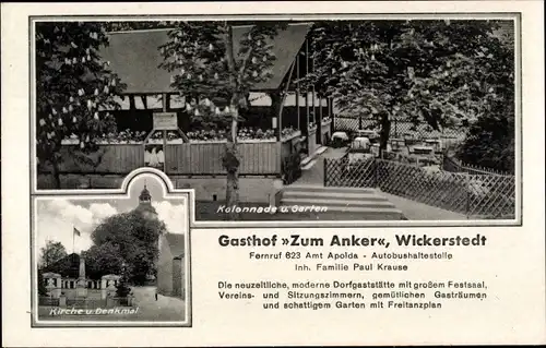 Ak Wickerstedt Bad Sulza inThüringen, Gasthof zum Anker, Inh. Paul Krause, Kirche, Denkmal