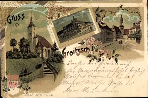 Litho Groitzsch in Sachsen, Stadtkirche, Teilansichten, Wappen
