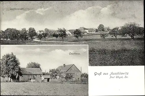 Ak Auschkowitz Burkau in Sachsen, Gesamtansicht, Gasthaus