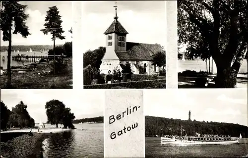 Ak Berlin Spandau Gatow, Partie am See, Steg, Kirche, Baum, Grunewaldturm, Schiff