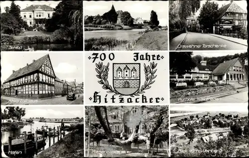 Ak Hitzacker an der Elbe, Wappen, 700j. Bestehen, Schloss, Kirche, Drawehner Torschänke, Zollhaus