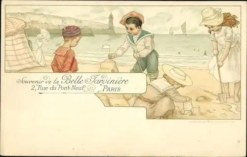 Litho Kinder am Strand, Strandleben, Burgen, Souvenir de la Belle Jardiniere