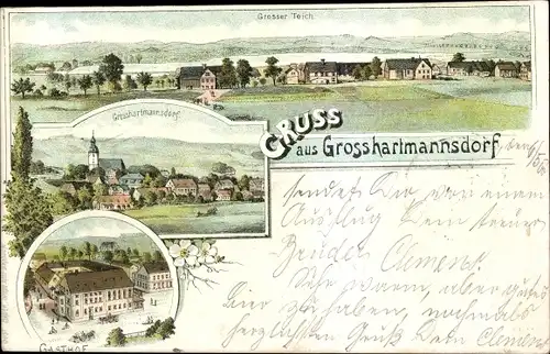 Litho Großhartmannsdorf im Erzgebirge, Gesamtansicht, Großer Teich, Gasthof