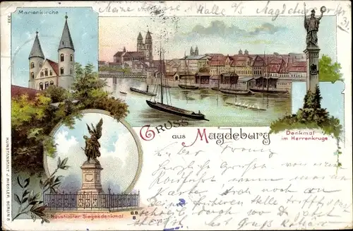 Litho Magdeburg, Marienkirche, Denkmal im Herrenkruge, Neustädter Siegesdenkmal