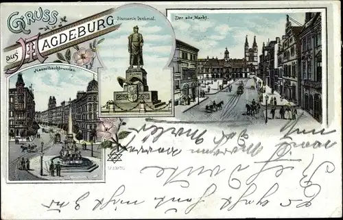 Litho Magdeburg an der Elbe, Hasselbachbrunnen, Kriegerdenkmal, alter Markt