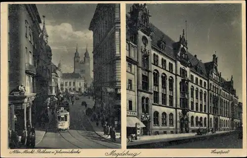 Ak Magdeburg, Alter Markt, Rathaus, Johanniskirche, Straßenbahn, Hauptpost