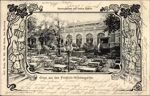 Passepartout Ak Magdeburg, Friedrich Wilhelms Garten, Neues Cafe, Zwerge servieren Bierkrüge