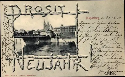 Passepartout Ak Magdeburg, Elbbrücke, Glückwunsch Neujahr