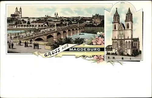 Litho Magdeburg, Dom, Stadtpanorama, Brücke