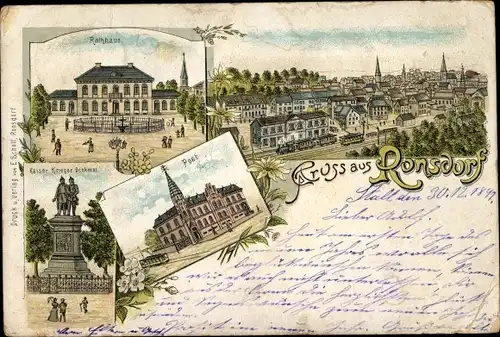 Litho Ronsdorf Wuppertal in Nordrhein Westfalen, Post, Rathaus, Kaiser Krieger Denkmal, Totale