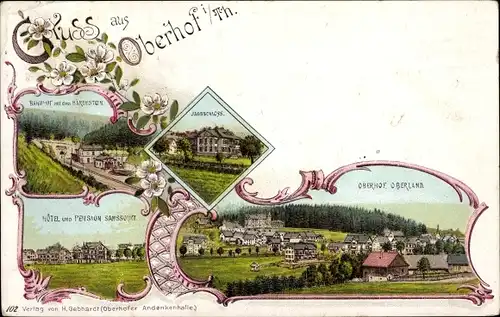 Litho Oberhof im Thüringer Wald, Oberland, Hotel und Pension Sanssouci, Bahnhof